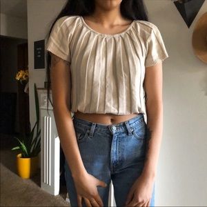 Cream ribbed / pleated crop top blouse